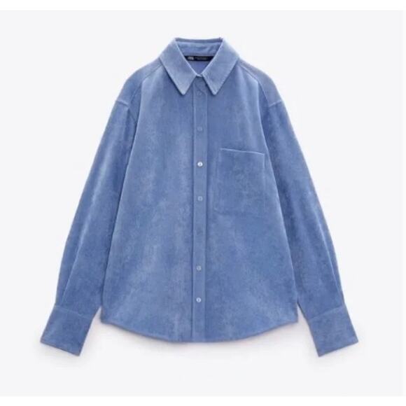 Zara Fine-Waled Blue Corduroy Button Down Shirt size S - Picture 5 of 6